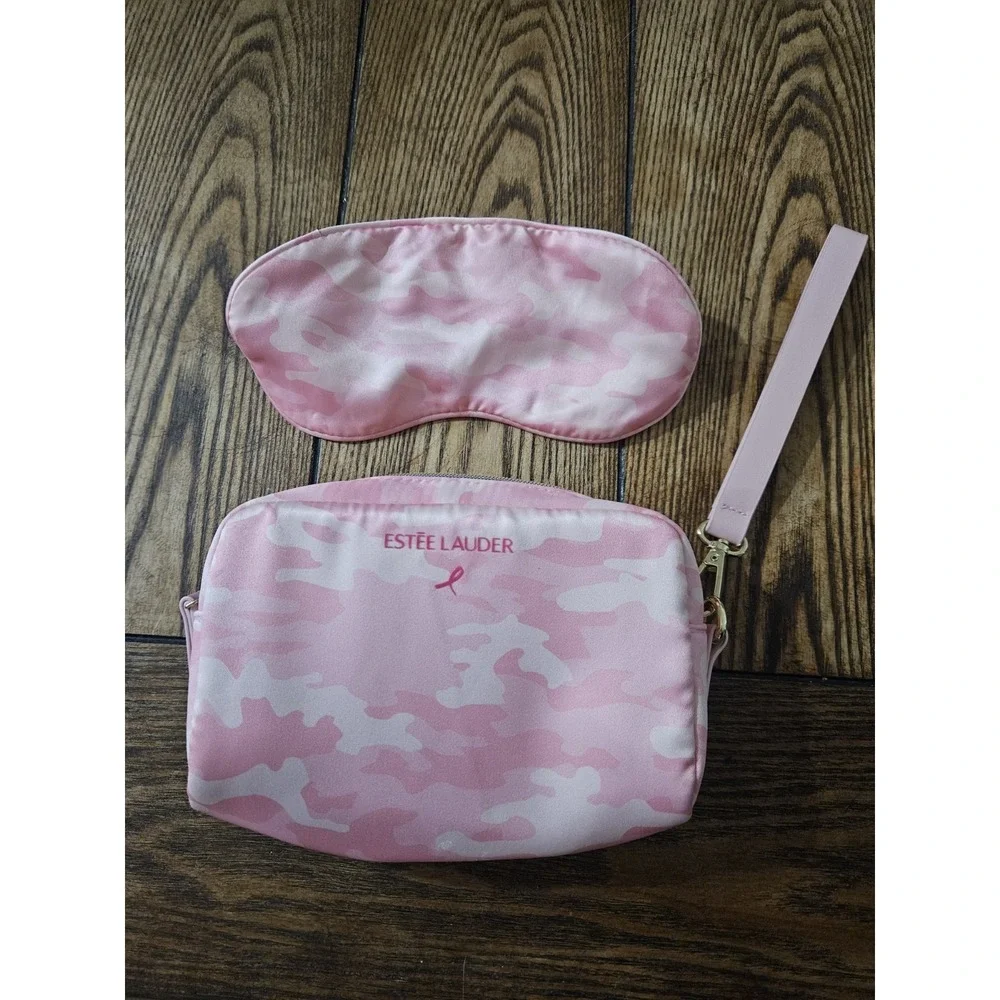 Estee Lauder GWP Pink Ribbon Collection Camo Cosmetic Bag Travel Eye Mask Set